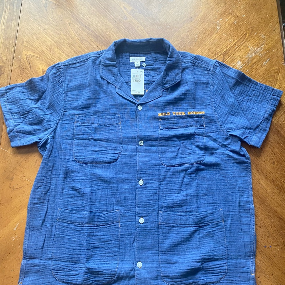Sun + Stone Blue Short-Sleeve Button-Down Shirt with Yellow Embroidery